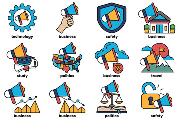Illustration in concept of megaphone and business items in line style