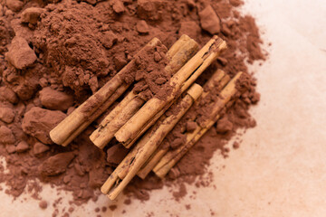 Cinnamon sticks and Cocoa powder with pressed lumps of natural color