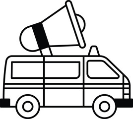 A white van with a large speaker on top of it