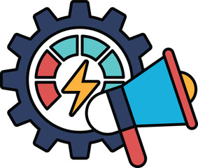 A graphic of a gear with a lightning bolt and a megaphone