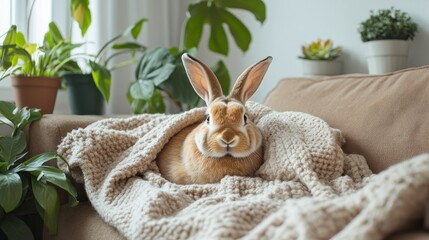 Light brown rabbit nestled in chunky knit blanket on sofa