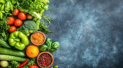 Fresh and Colorful Assortment of Vegetables and Herbs with Bowls of Spices and Dressing on Rustic Background Ideal for Healthy Living Concepts and Culinary Use