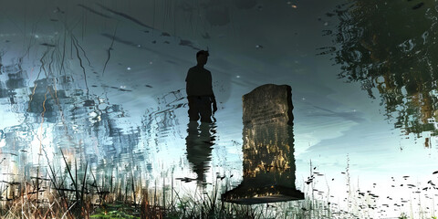 Obraz premium Silhouette, Submerged Headstone, and Water Reflections