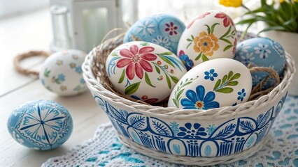 Fototapeta premium Greeting card design in Gzhel style with colorful painted Easter eggs in a basket