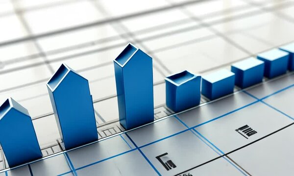 A 3D bar graph in blue representing data trends on a grid background.