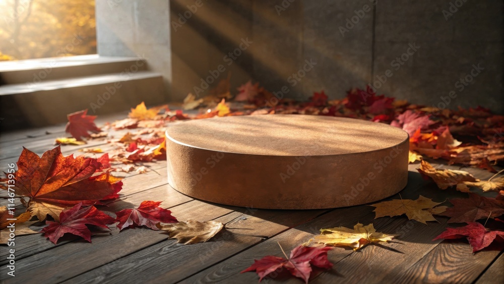 Poster Autumnal display with a round wooden platform surrounded by fallen leaves and a natural light source