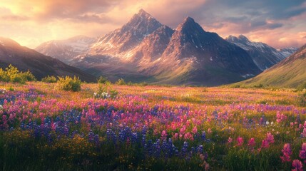 majestic mountain sunset over wildflower meadow
