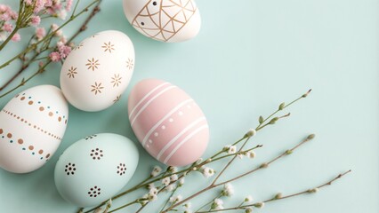 Beautifully decorated Easter eggs, minimalistic design, soft colors, copy space