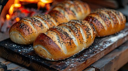 Freshly baked bread loaves with a golden crust and sesame seeds on a wooden board.