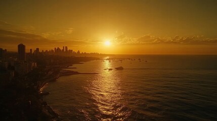 golden sunset over coastal city skyline