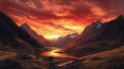 Naklejka premium fiery sunset over majestic scottish highlands