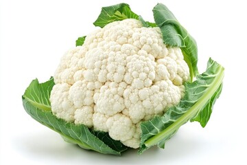 A fresh head of cauliflower with intact green leaves, isolated on a white background