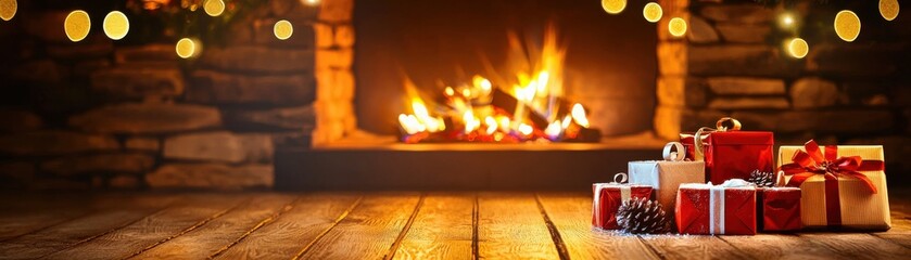 A cozy fireplace adorned with festive gifts, creating a warm and inviting holiday atmosphere.