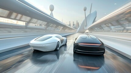 Fototapeta premium Sleek modern car seamlessly merging with another on futuristic highway, symbolizing technological integration and innovation in automotive design and transportation advancements.