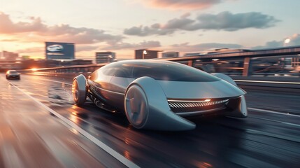 Sleek modern car seamlessly merging with another on futuristic highway, symbolizing technological integration and innovation in automotive design and transportation advancements.