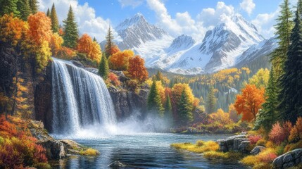 autumn waterfall landscape with majestic mountains