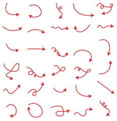 Set of vector curved arrows hand drawn. Sketch doodle style. Collection of pointers. Hand drawn thin line arrows set. Many vector curvy and wavy arrows isolated on white background. Red doodle arrow .