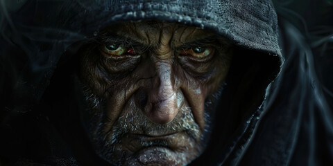 Close-up Portrait of an Elderly Man in a Hooded Garment