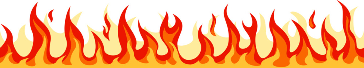Seamless horizontal pattern of realistic cartoon fire flames burning brightly with red, orange and yellow colors against a white background, creating a vibrant and energetic visual