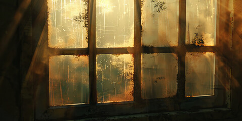Sunlit Multi-Paned Window with Dusty Glass