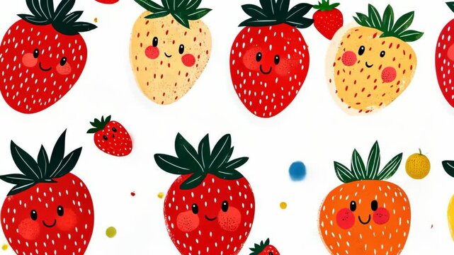 Playful fruit pattern featuring smiling strawberries, pineapples, and oranges on a white background