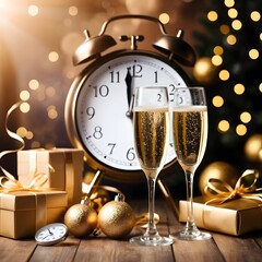 New Year's Eve Countdown with Champagne and Golden Decor, Festive 2025 Celebration Scene with Clock and Sparkling Glasses, Elegant Holiday Setting with Champagne and Gift Boxes