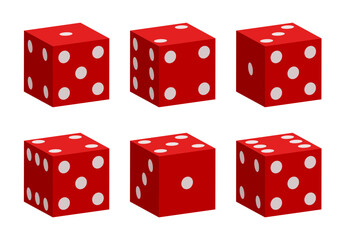 Red dice with white dots. Vector set isolated on white background. 3d dice.