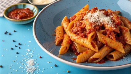 A plate of penne pasta with a hearty meat sauce and a sprinkle of grated cheese, a classic comfort food that is sure to satisfy any craving.