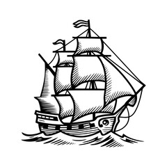Vintage Line Art Illustration of a Sailing Ship