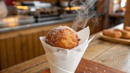 Fototapeta premium A freshly fried, sugar-dusted pastry, steaming in a white paper cone, sits on a wooden counter