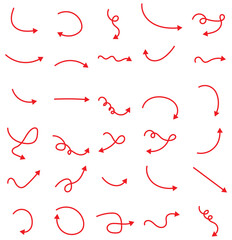 Set of vector curved arrows hand drawn. Sketch doodle style. Collection of pointers. Hand drawn thin line arrows set. Many vector curvy and wavy arrows isolated on white background. Red doodle arrow .