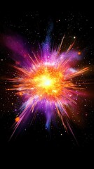 Naklejka premium Vibrant Cosmic Explosion with Purple and Orange Light Bursts, Outer Space Art, Big Bang Concept, Astrophysics Visualization, Science Fiction Background, Astronomy and Galaxy Illustration