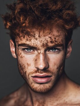 Red-haired man in mud with a piercing stare and bright beautiful eyes