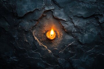 single glowing ember nestled within soft white ash on matte black surface