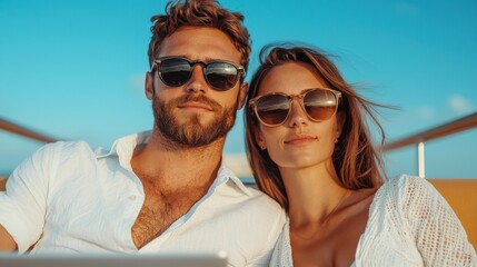A couple enjoys a sunny day on a yacht, wearing sunglasses and smiling, surrounded by blue skies and a relaxed atmosphere.