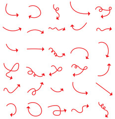 Set of vector curved arrows hand drawn. Sketch doodle style. Collection of pointers. Hand drawn thin line arrows set. Many vector curvy and wavy arrows isolated on white background. Red doodle arrow .