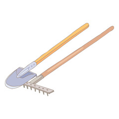 Flat gardening tools with shovel rake and hayfork on white background isolated vector