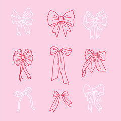 Set of coquette pink bow knots for Valentine's day decoration, linear hand drawn gift ribbons. Trendy hair braiding accessories. Bow knots for gift wrapping, present. Vector illustration.