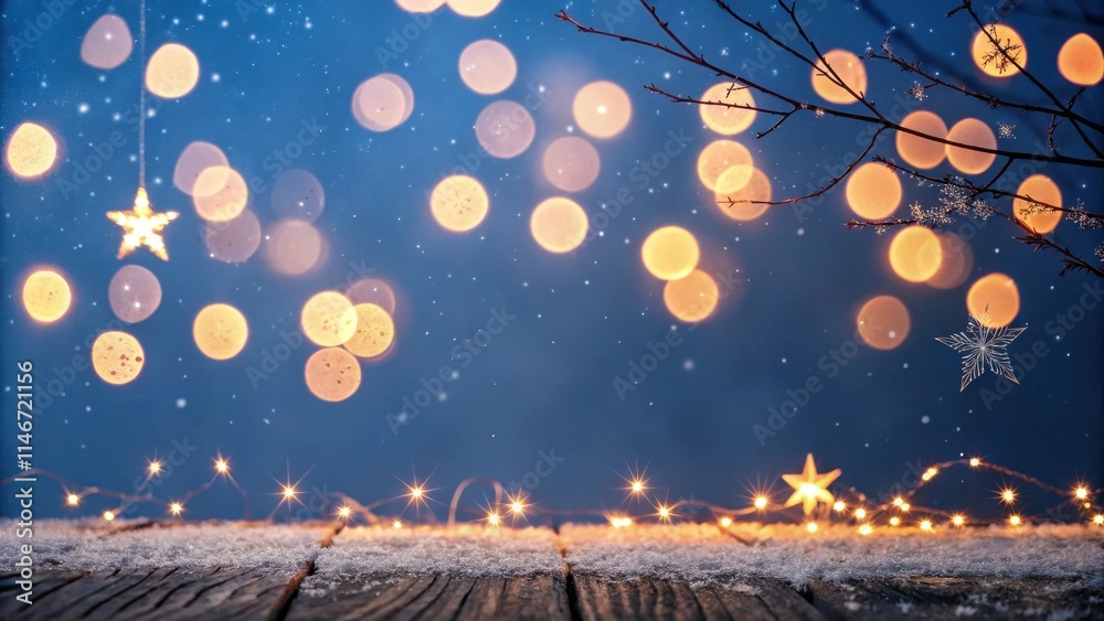 Poster winter wonderland with a delicate touch of festive lights and delicate snowflakes on a rustic wooden