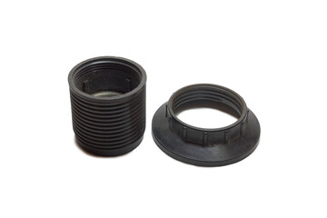 vintage lamp holder, black phenolic threaded shell, shade ring. on white background, with clipping path