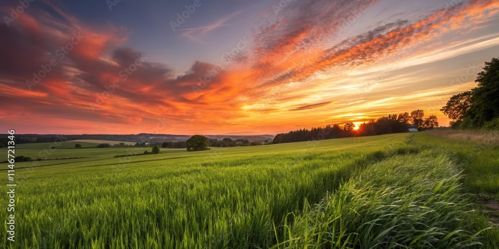 Aufkleber a picturesque field of green grass illuminated by the golden rays of the setting sun, with a distant