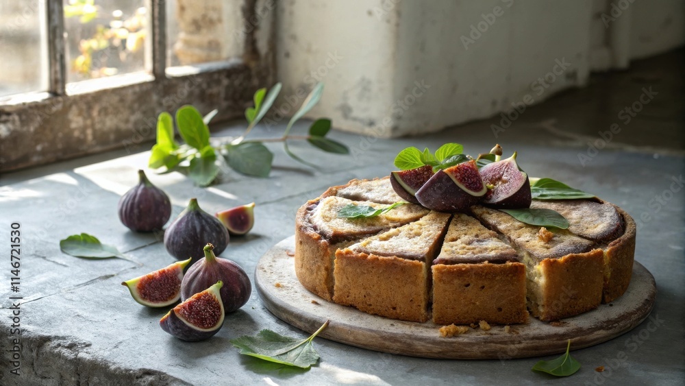 Poster a rustic fig tart decorated with fresh figs and greenery, perfectly sliced for sharing on a rough wo