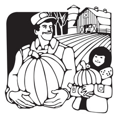 Cartoon characters of Farmer man and his daughter carrying pumpkins vector design