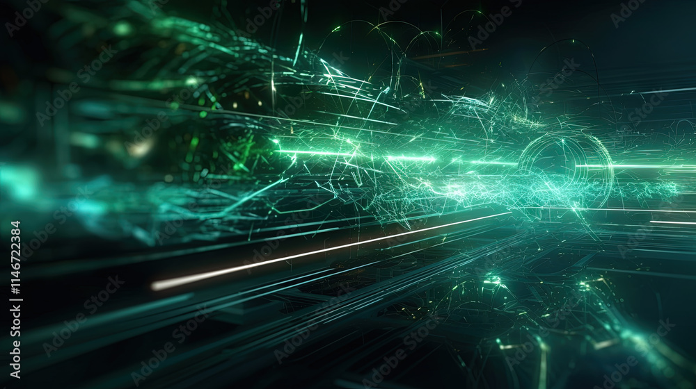 Aufkleber Abstract light streaks in a dynamic digital space with glowing green elements