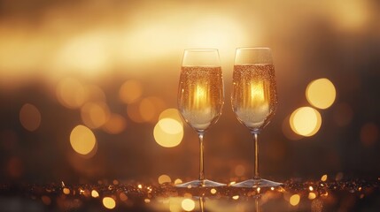 Two champagne flutes filled with sparkling wine, set against a blurred sunset backdrop with bokeh lights.
