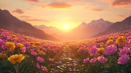 peaceful sunset over flower field in mountains serene landscape