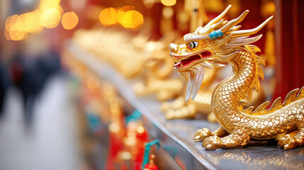 Fototapeta premium golden dragon statue displayed at temple, symbolizing power and prosperity, with intricate details and vibrant background of warm lights creating spiritual ambiance