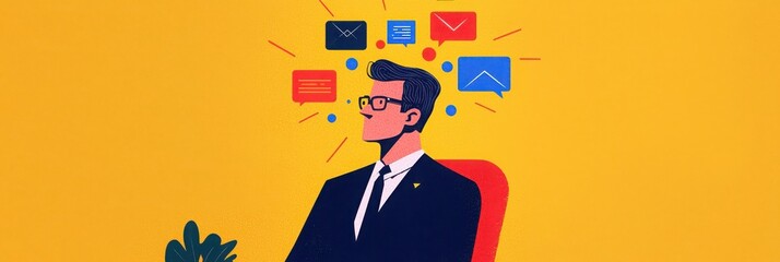 Fototapeta premium A thoughtful man in a suit sits, pondering amidst digital icons symbolizing communication and technology on a vibrant yellow background.