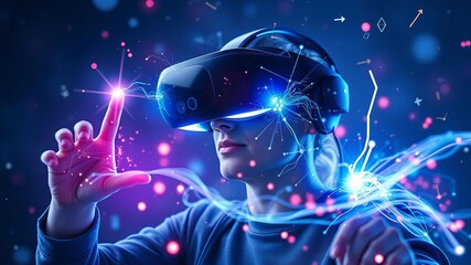 A person wearing a Hololens headset plays a magical virtual reality game, interacting with digital elements in the real world, elements, virtual reality