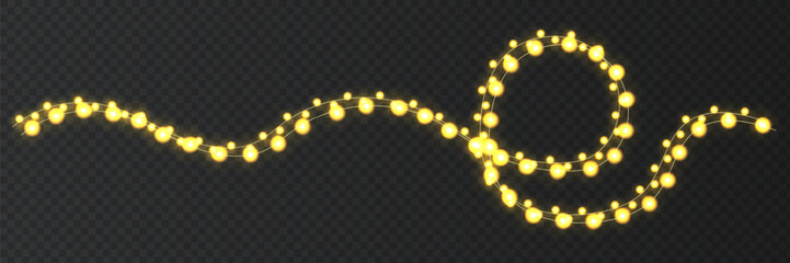 Festive Christmas light  glowing garland string on dark background.